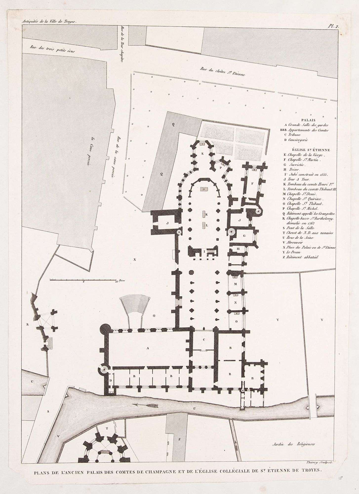 Plan de l'ancien palais des comtes de Champagne et de l'église collégiale de Saint-Etienne de Troyes.