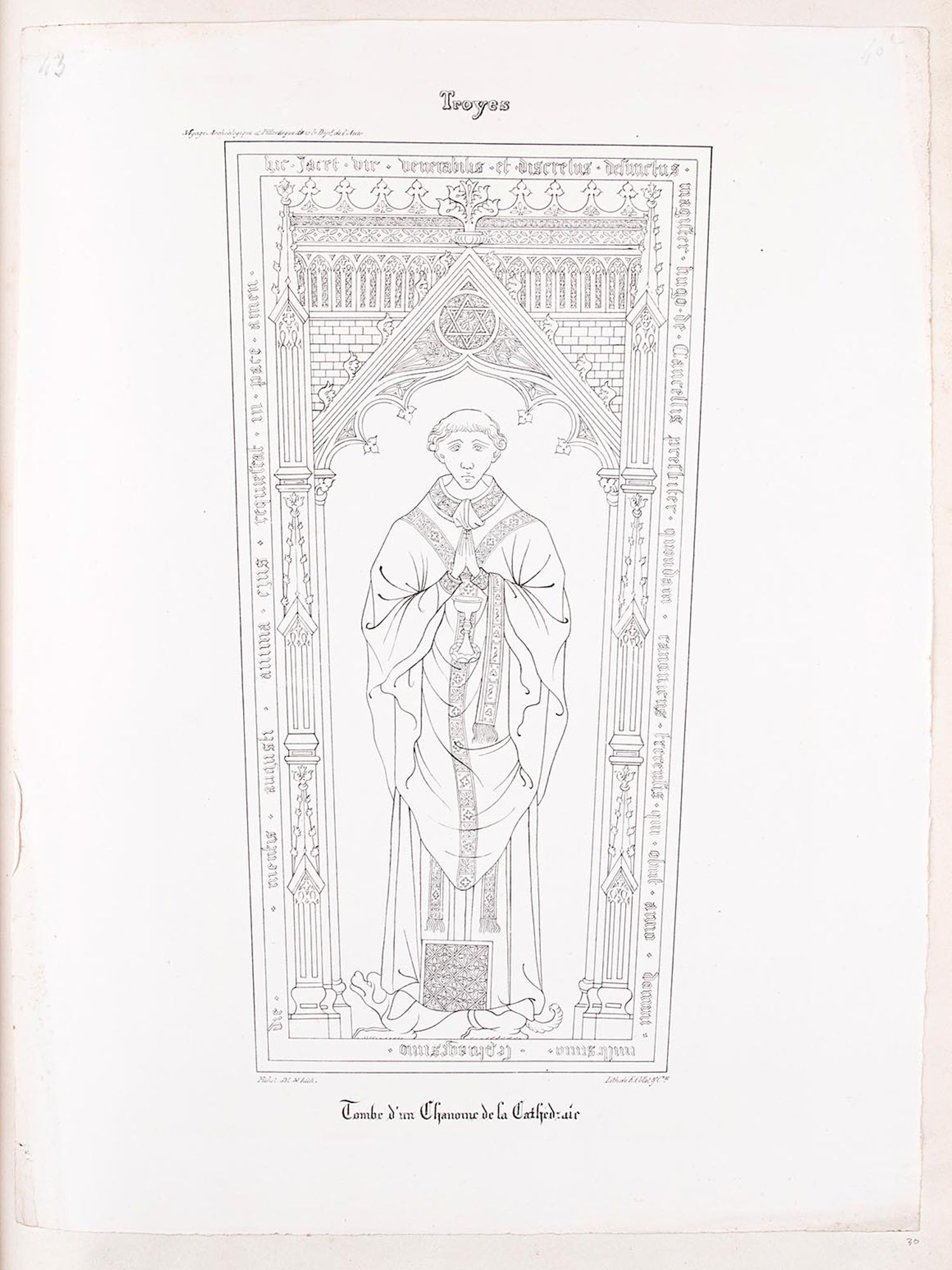 Lithographie. « Tombe d'un chanoine de la cathédrale », extrait du Voyage Archéologique et Pittoresque dans le Département de l'Aube et dans l'Ancien Diocèse de Troyes, Troyes, 1837.