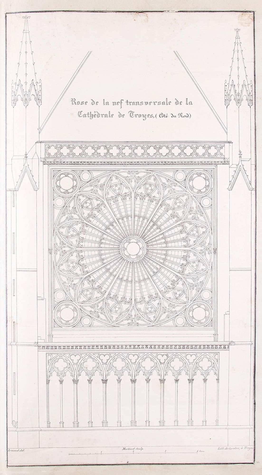 Lithographie. « Rose de la nef transversale de la cathédrale de Troyes (côté du Nord) ».