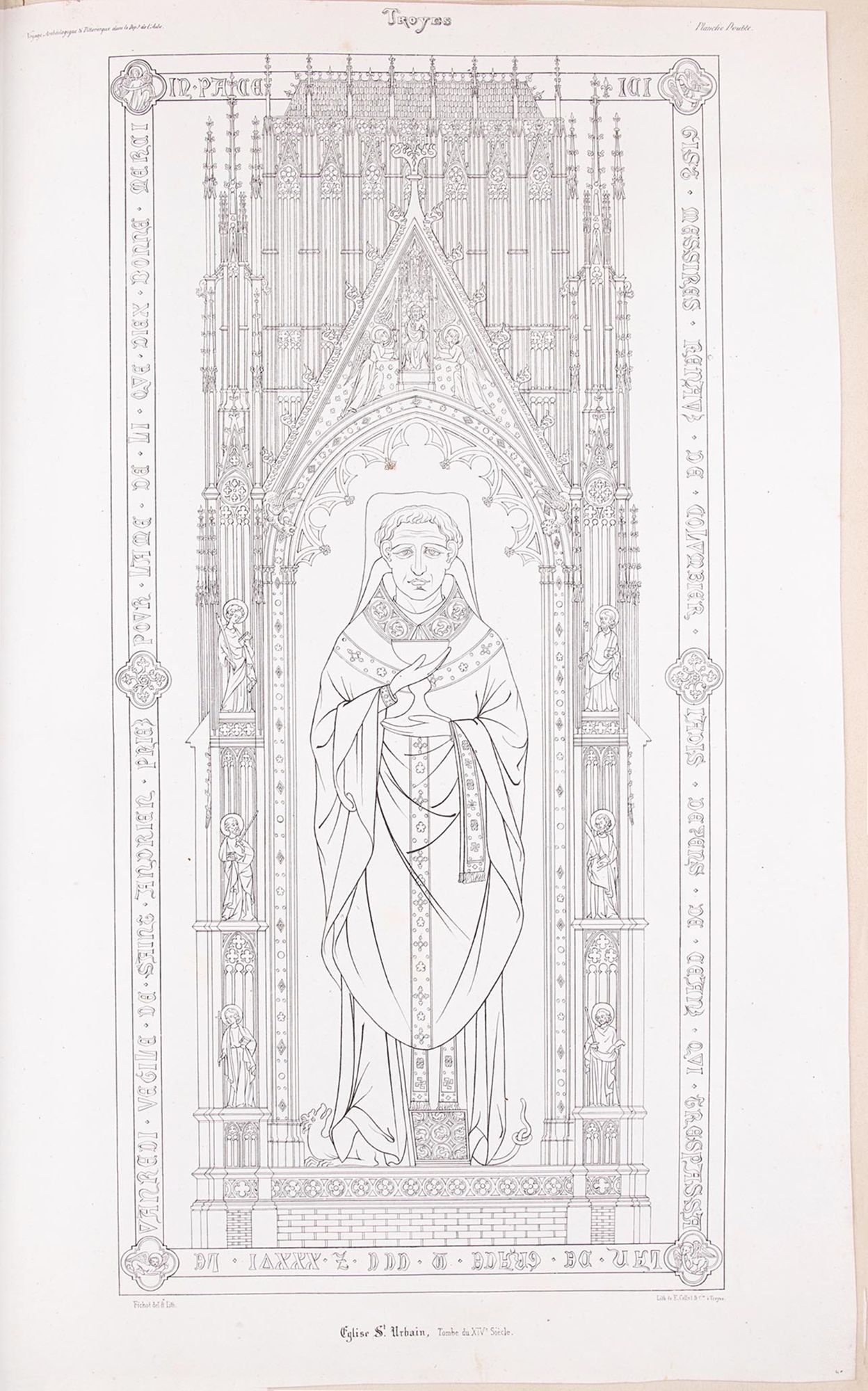 Lithographie. «Eglise Saint-Urbain. Tombe du XIVe siècle », extrait du Voyage Archéologique et Pittoresque dans le Département de l'Aube et dans l'Ancien Diocèse de Troyes, Troyes, 1837.