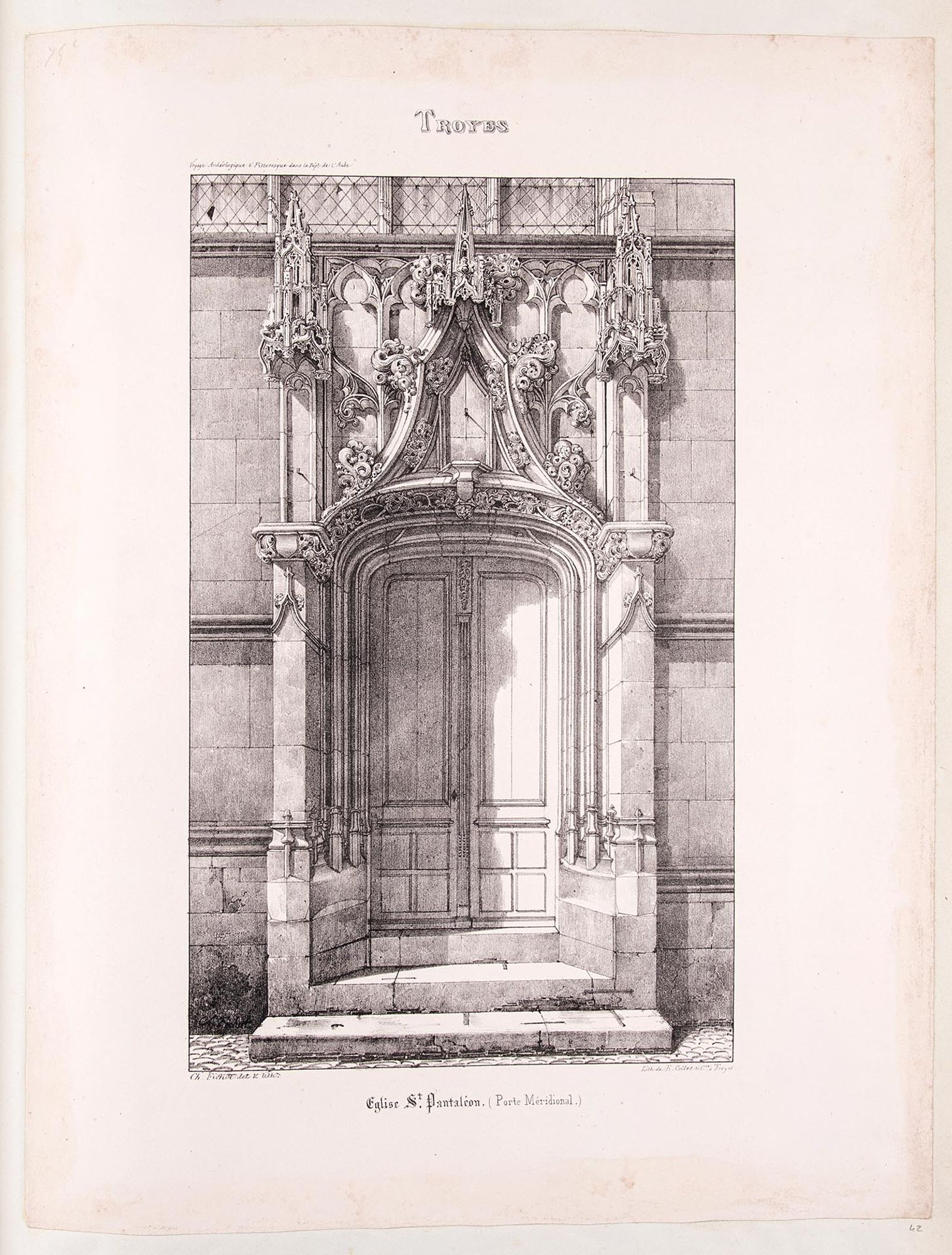 Lithographie. «Eglise Saint-Pantaléon (porte méridionale) », extrait du Voyage Archéologique et Pittoresque dans le Département de l'Aube et dans l'Ancien Diocèse de Troyes, Troyes, 1837.