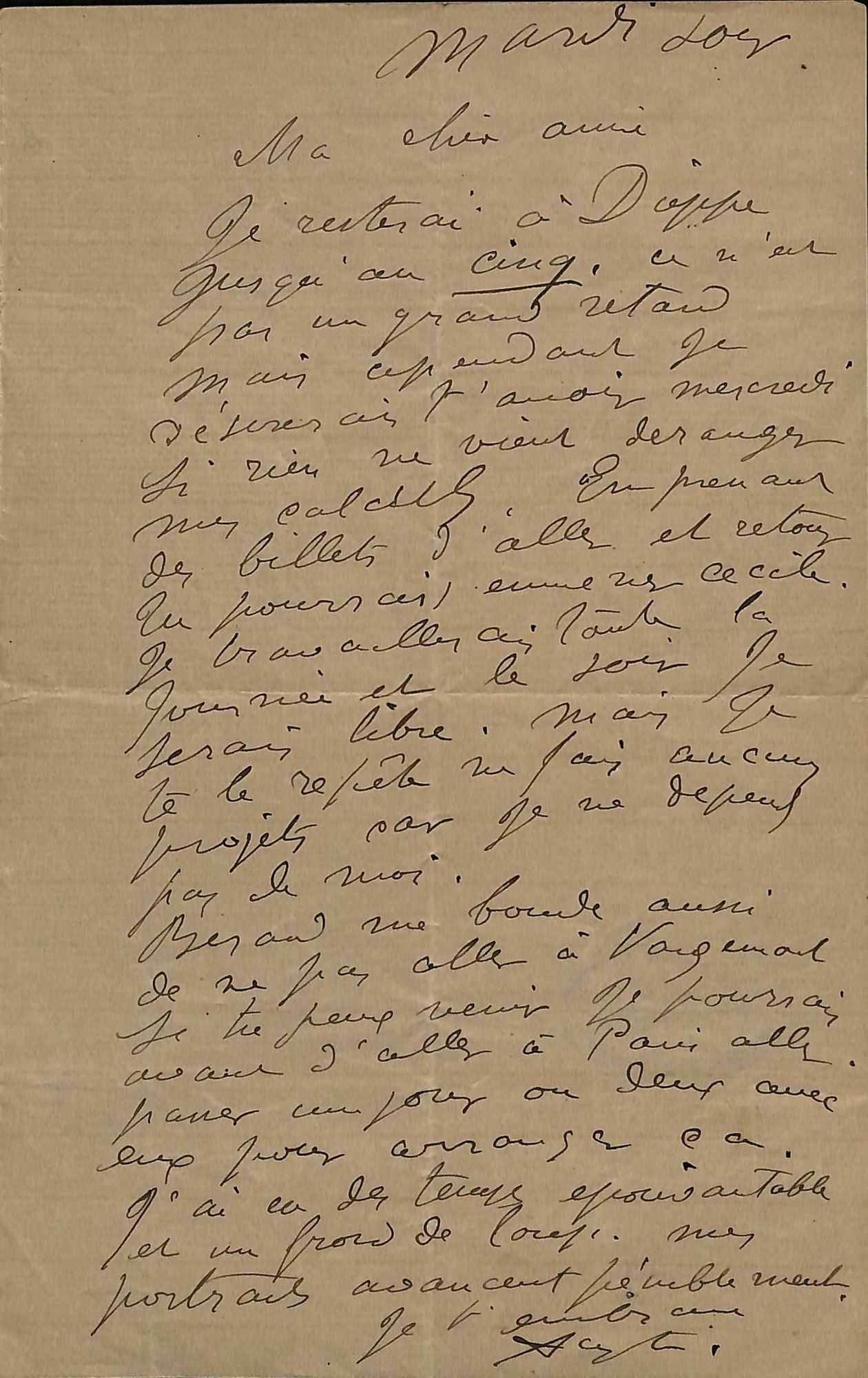 Pièces isolées, 1 J 1748 : Auguste Renoir. Lettre manuscrite pour sa femme [1890].