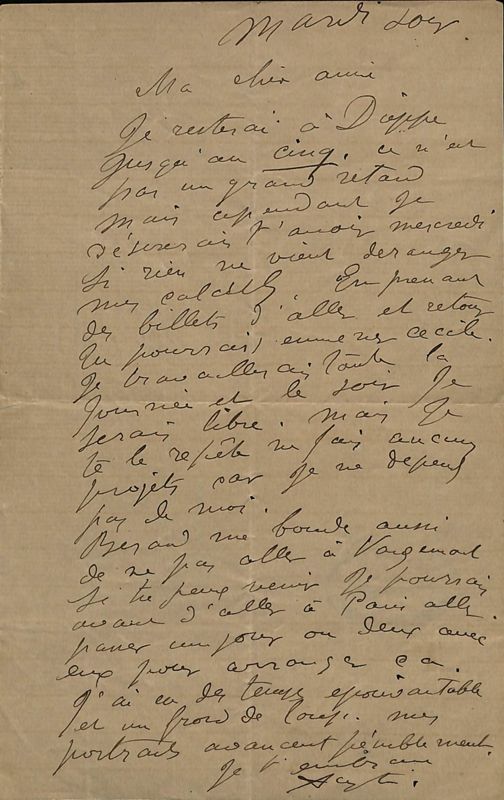 Pièces isolées, 1 J 1748 : Auguste Renoir. Lettre manuscrite pour sa femme [1890].