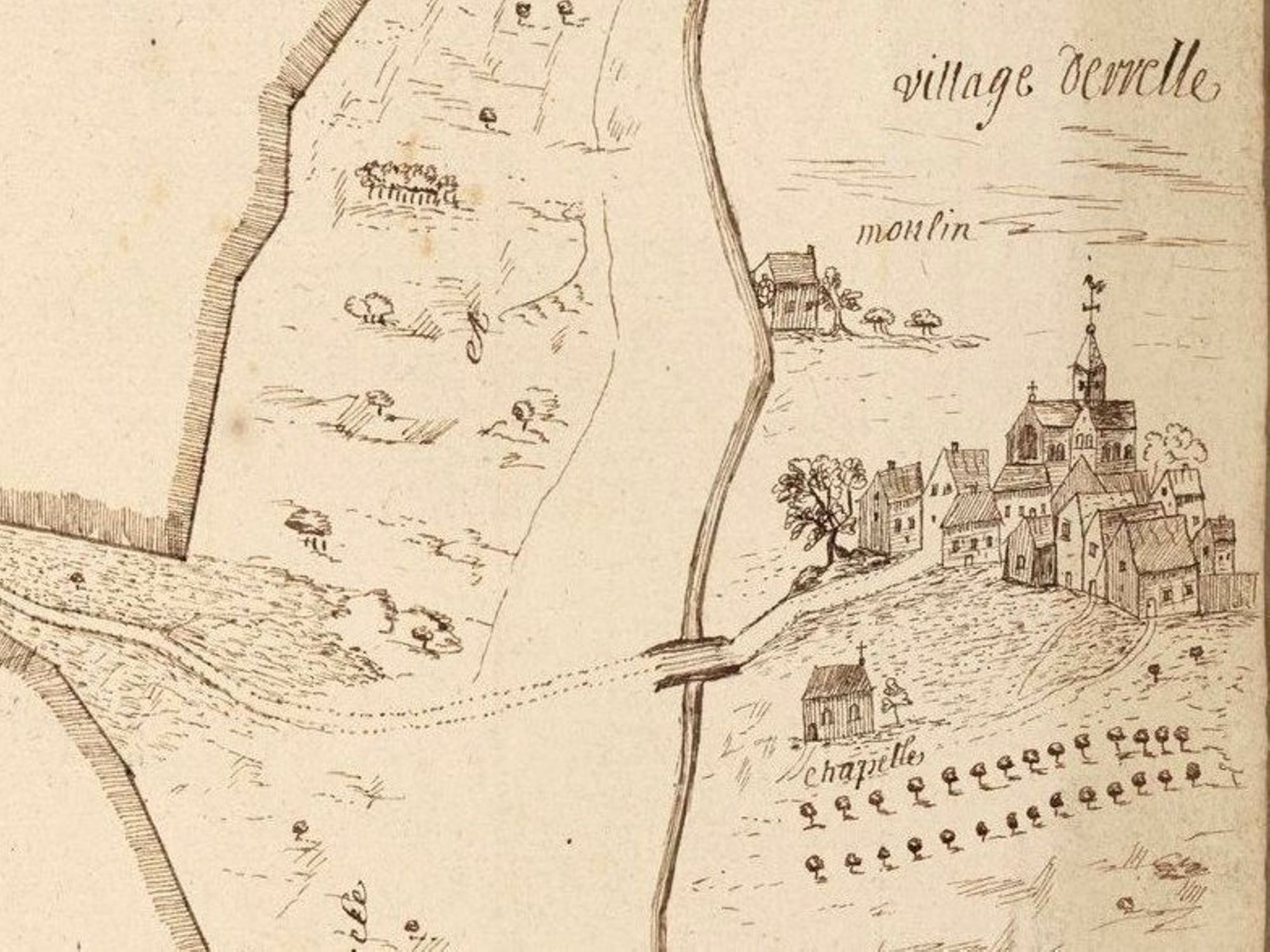 Dessin du village d’Arrelles, terrier de Jean de Fresnoy, 1695, 31H5*