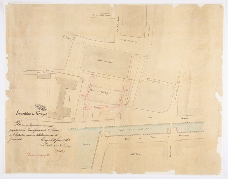 Exposition de Troyes – Plan des bâtiments annexes proposés par la commission de la 2ème section de l’industrie dans sa délibération du 15 février 1860, Archives municipales déposées par la ville de Troyes, 4 FiT 1188.