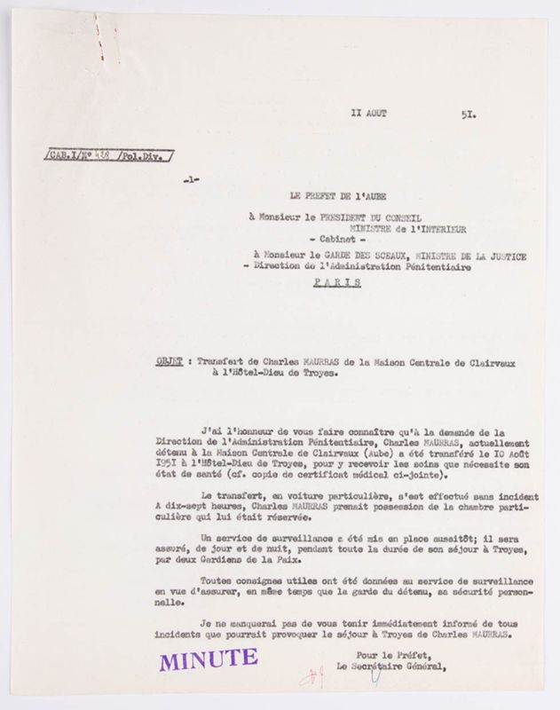 Préfecture de l’Aube, Cabinet du Préfet. Bureau spécialisé de Défense nationale (1907-1972) - cotes 262 W 38 à 45 (internement de Charles Maurras dans l’Aube, 1951-1952). 