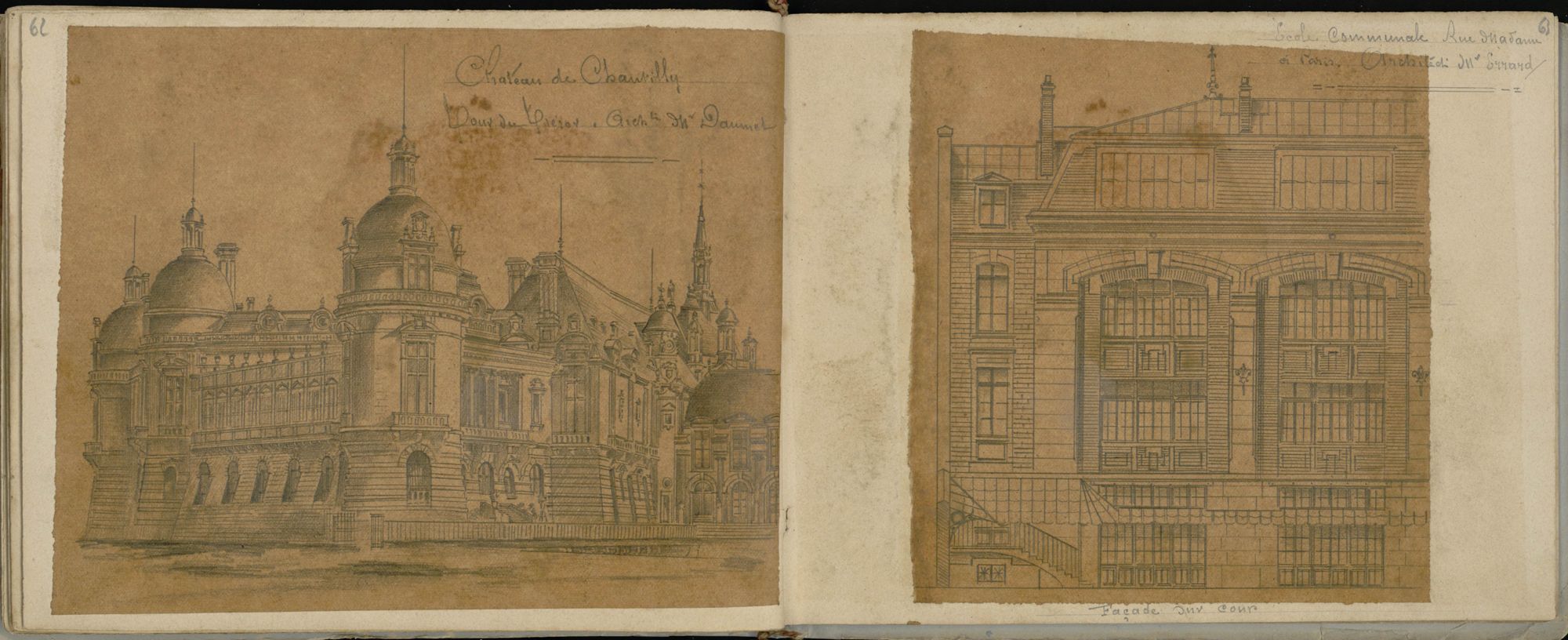  5 Fi 1352 - 63 : Château de Chantilly (vue extérieure) et façade d'une école communale (rue Madame à Paris).