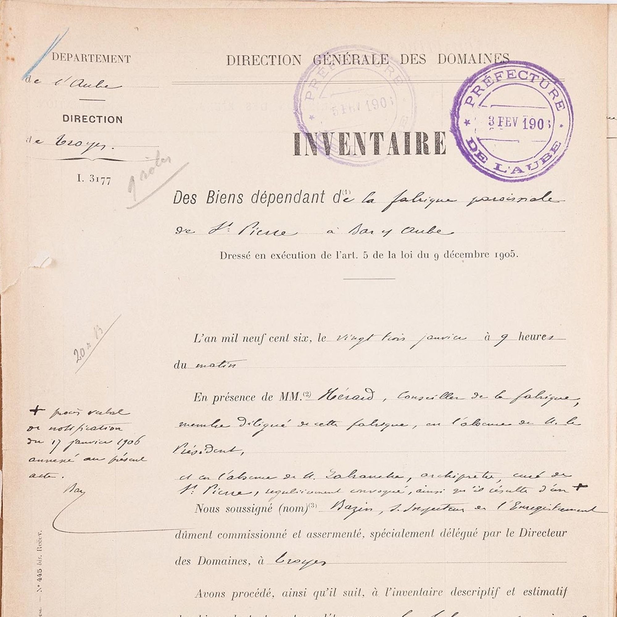 Inventaires des biens des fabriques - Loi du 9 décembre 1905