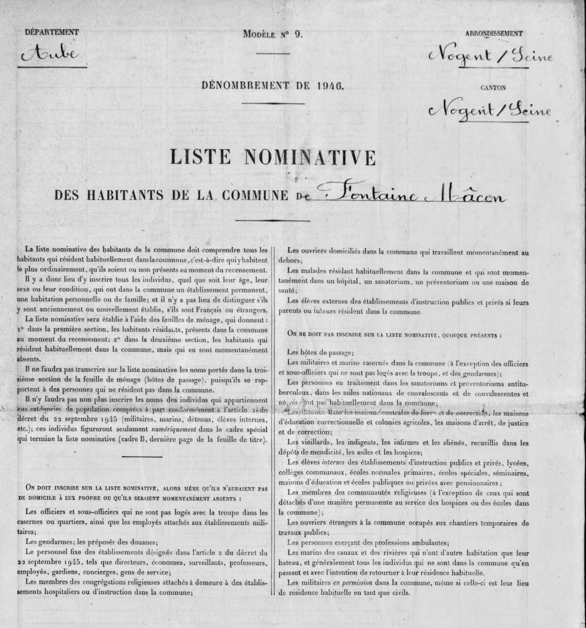 Listes nominatives du recensement de la population de 1946 en ligne