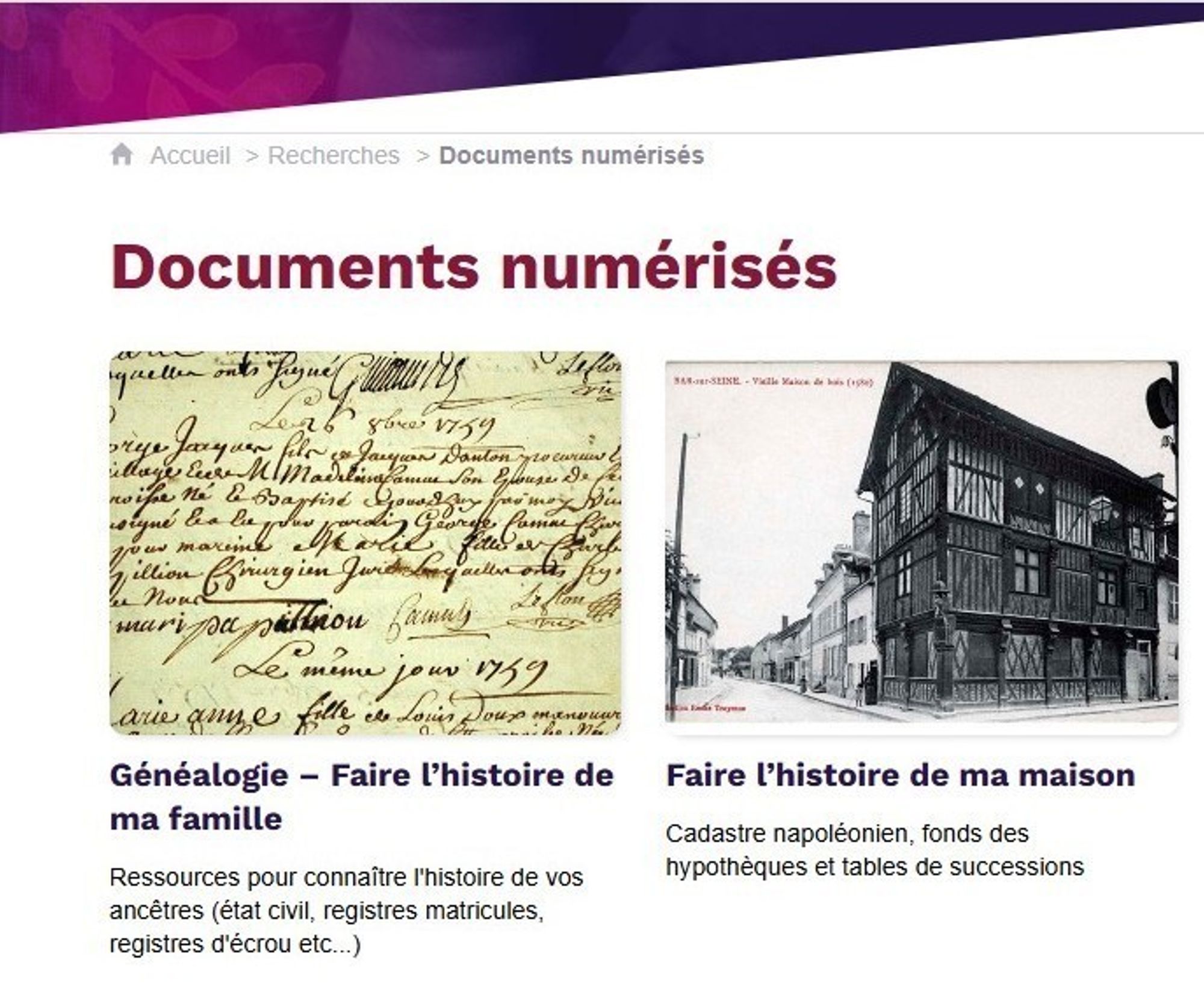 Nouvelle organisation de la rubrique Recherche > Documents numérisés