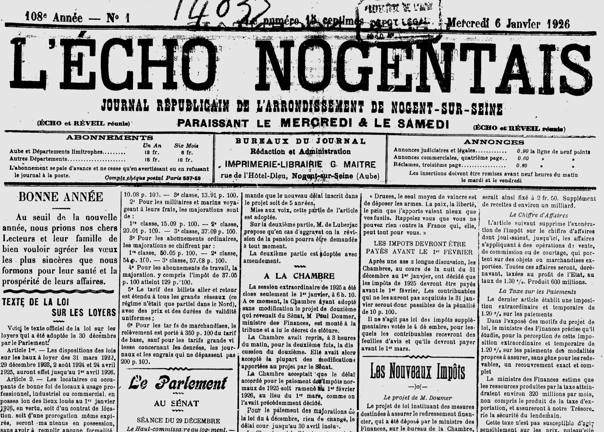 Il y a 100 ans (Une du journal l'Echo nogentais du 6 janvier 1926)