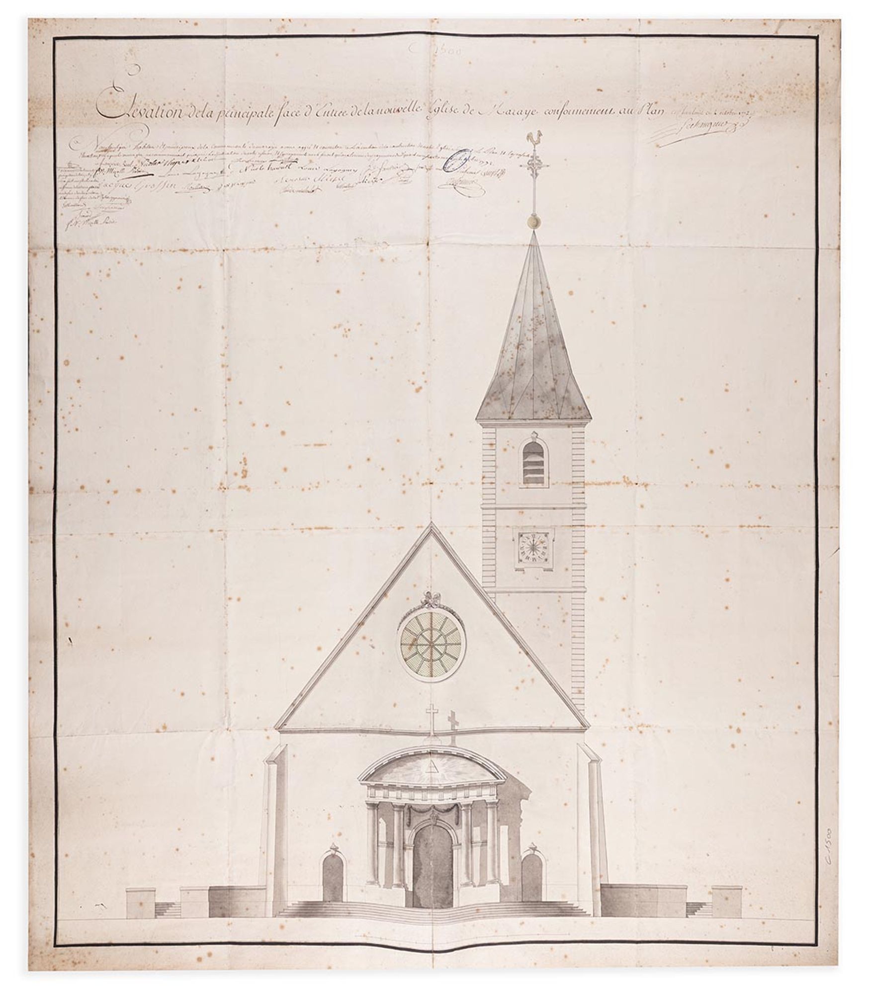 C1500 : Élévation de la façade de la nouvelle église paroissiale de Maraye-en-Othe. Premier projet (Archives de l'Aube - Elsa VIOLLET)