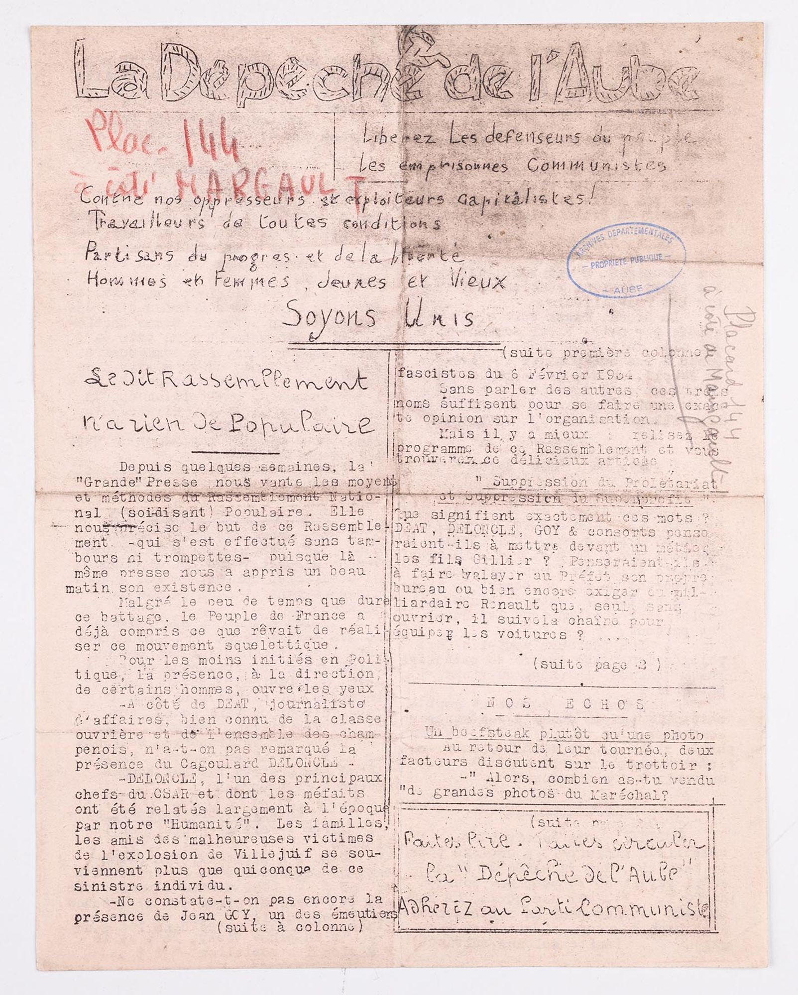 Mise en ligne - Commissariat de police spéciale de Troyes (1939 - 1949)
