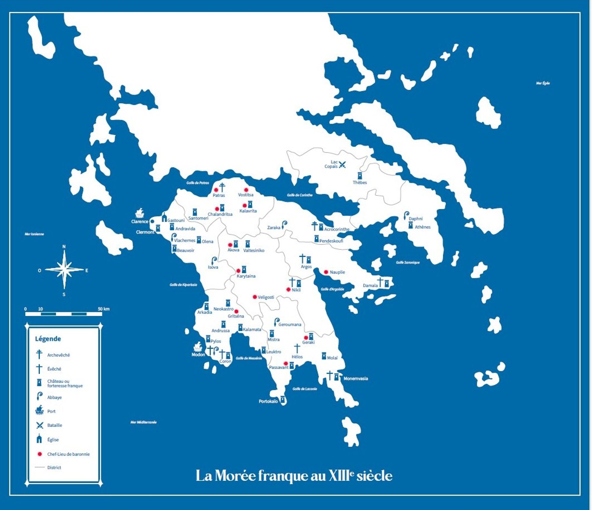 Carte de la Morée (Péloponnèse) au XIIIe siècle.