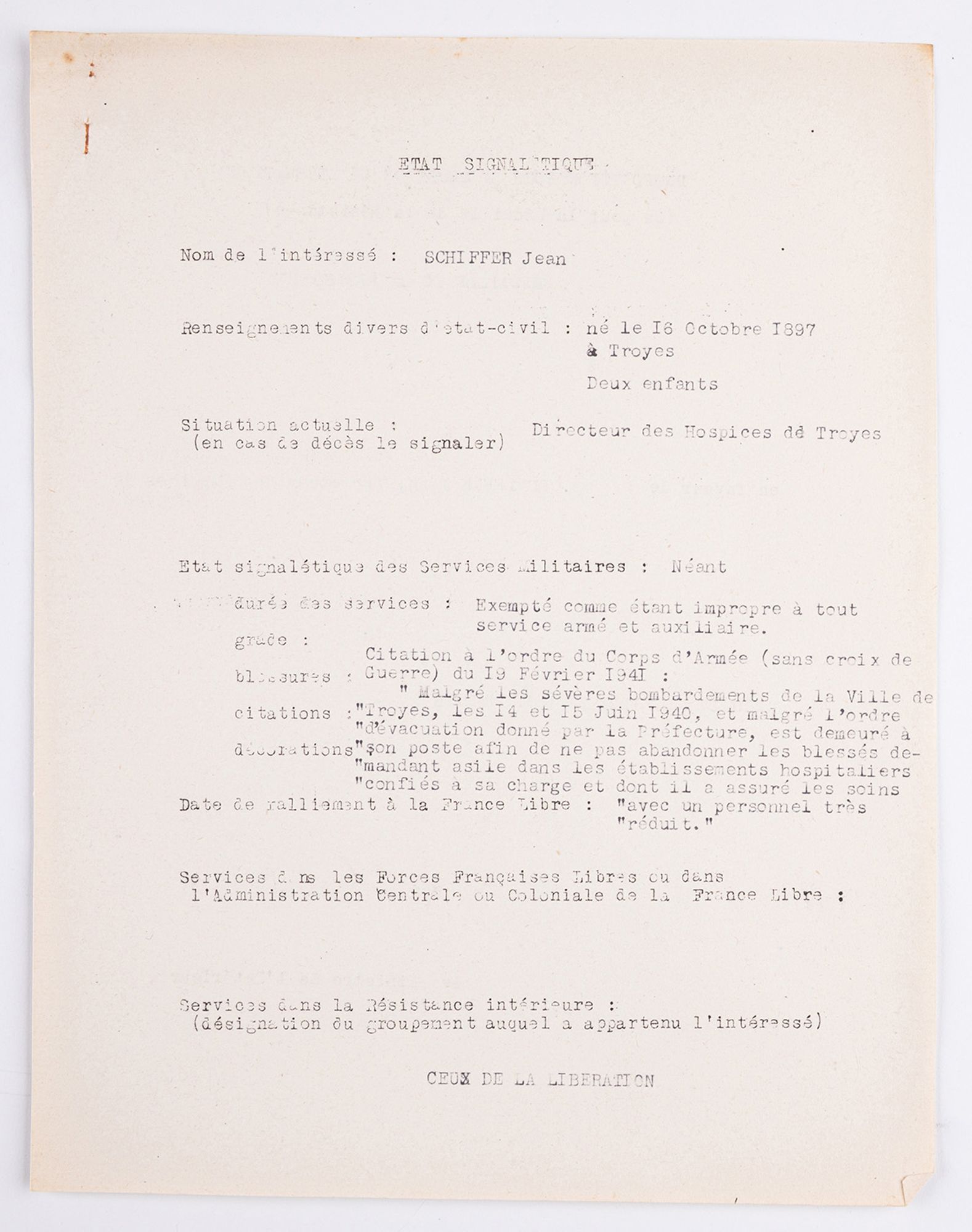 Cote SC 9641 - Proposition pour la médaille de la Résistance à Jean Schiffer