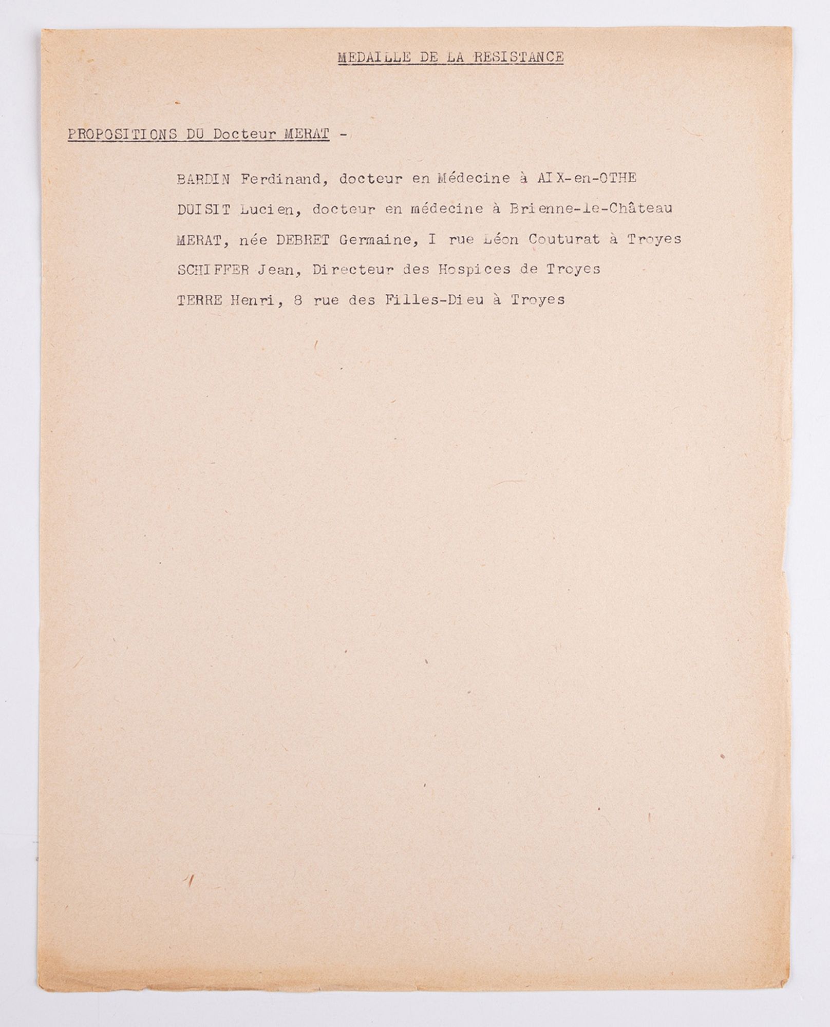 Cote SC 9641 - Proposition pour la médaille de la Résistance à Jean Schiffer