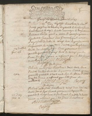 Extrait du registre d'apport des délivrances des espèces d'or, 1697 (4 B 52, Chambre des Monnaies de Troyes, Archives départementales de l'Aube)
