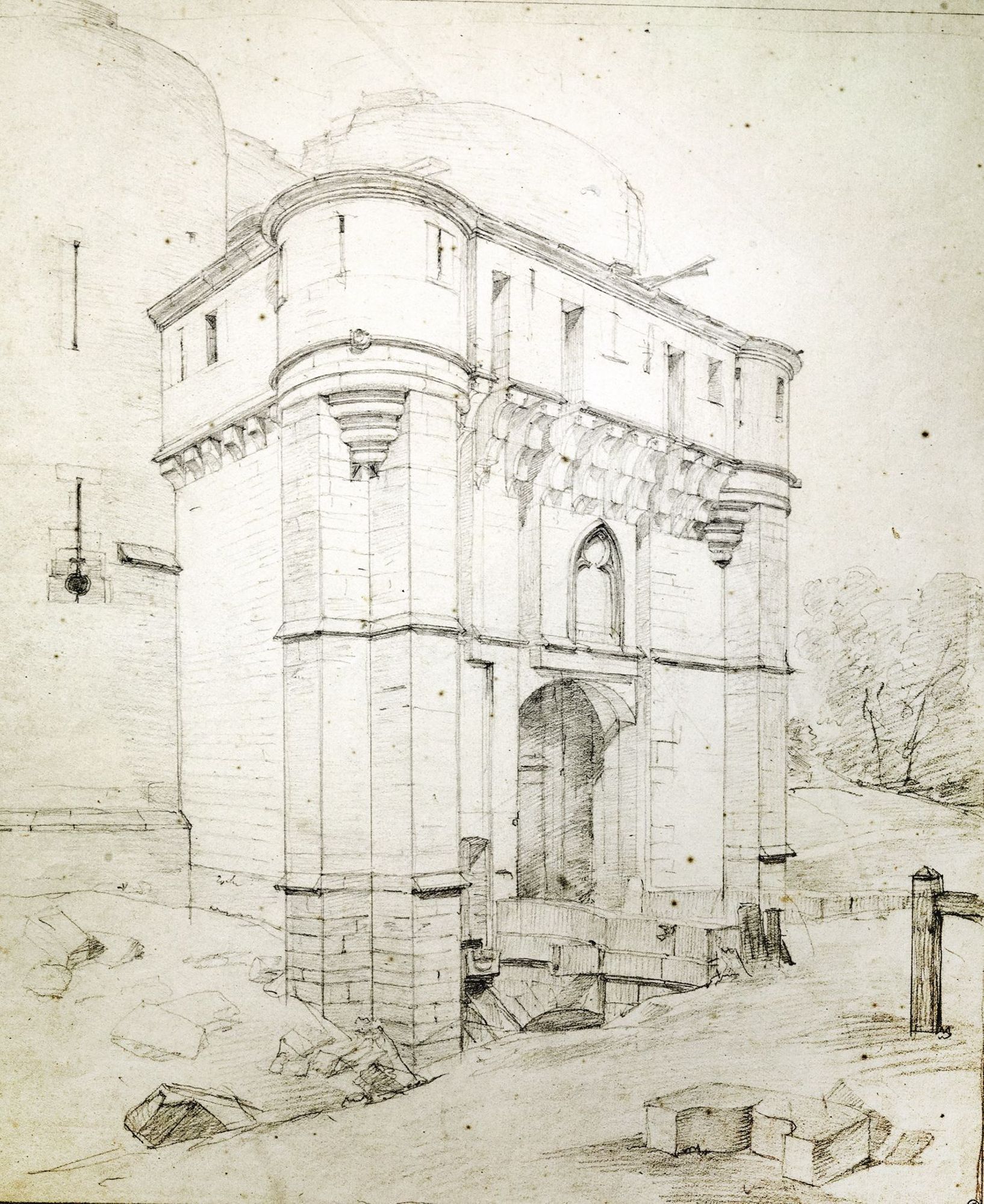Vue de la porte St Jacques à Troyes pendant sa démolition en 1832