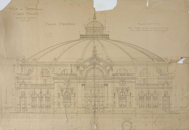 Plan de la façade principale du Cirque municipal (Non coté, ancienne cote : 4M592, 1902)