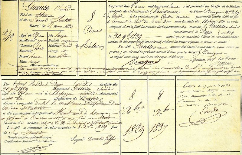 Notice du registre d'écrou de la  maison centrale de Clairvaux concernant Claude Gueux (2 mars 1830) Fonds de la maison centrale de Clairvaux - Arch. dép. Aube, 48 Y 6