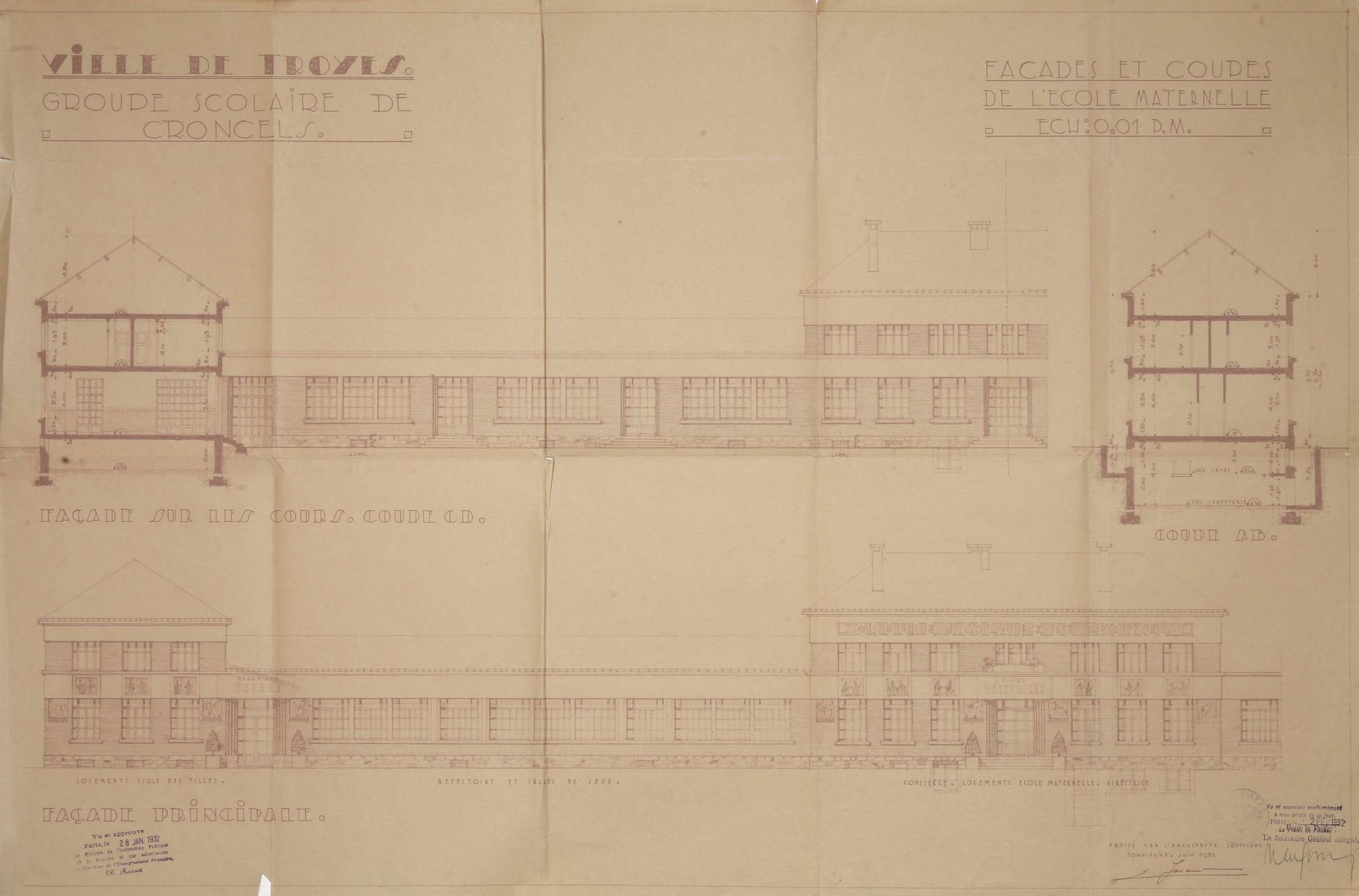 Carte d'identité : Plans de façades et de coupes de l'école maternelle et de l'école de fille du Groupe scolaire de Croncels.  Auteur : E. Jouanne à Compiègne  Date : juin 1931 Support : Feuille papier  Dimensions : 88,8x57,9 cm Cote : 4MT383